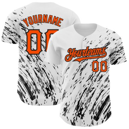 Custom Baseball Jersey with Personalized Name and Number, 3D Orange-Black Abstract Splash Design, White Team Colors Personalized