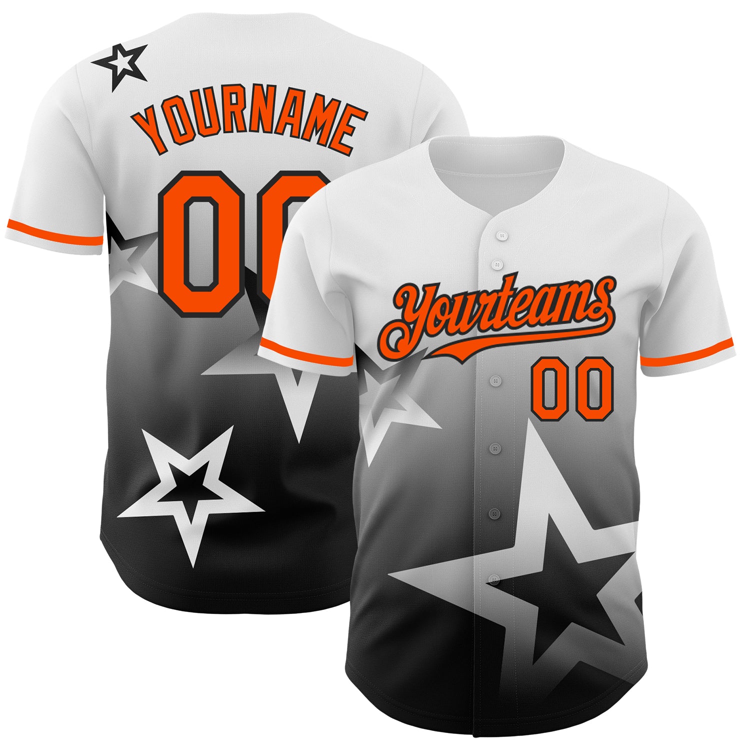 Custom Gradient Star Baseball Jersey with Personalized Name & Number - White Orange-Black 3D Pattern Design Personalized