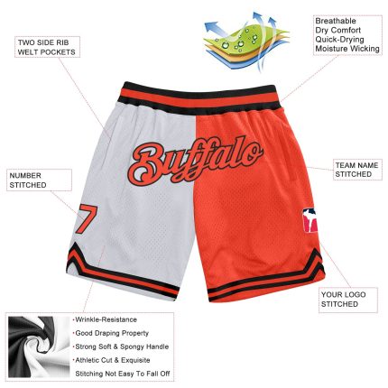 Custom Name Number Basketball Shorts - Personalized Authentic Throwback White Orange Black Split Fashion Style Personalized