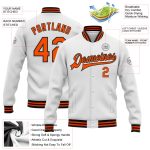 Custom Team Name Number Bomber Jacket - Personalized White Orange Black Full-Snap Varsity Letterman Personalized White Orange-Black