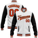 Personalized Varsity Letterman Two Tone Jacket - White Orange Black Bomber Full-Snap Style Personalized White Orange-Black