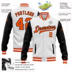 Custom Two Tone Bomber Varsity Letterman Jacket Personalized with Team Name and Number - White Orange Black Personalized