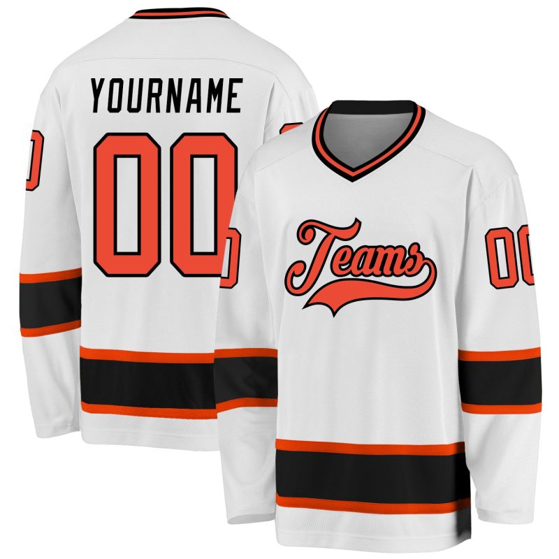 Custom Personalized Hockey Jersey - White, Orange & Black - Team Name & Number Personalized White Orange-Black Hockey Jersey