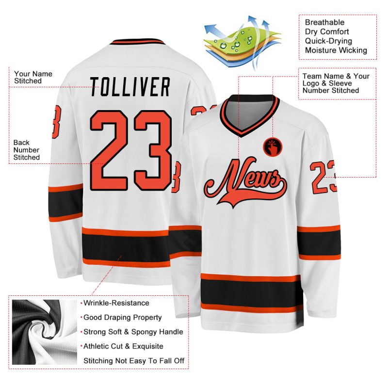 Custom Personalized Hockey Jersey - White, Orange & Black - Team Name & Number Personalized White Orange-Black Hockey Jersey