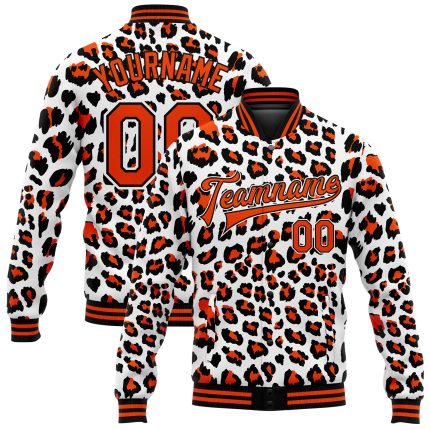 Custom Name and Number Leopard Print 3D Pattern Varsity Bomber Jacket - Personalized Full-Snap Letterman Jacket Personalized