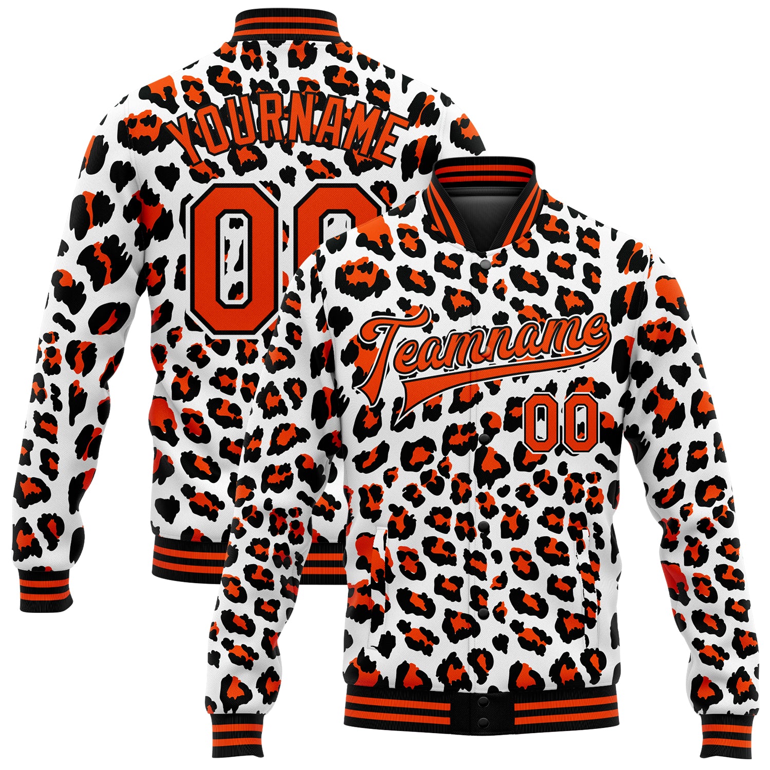Custom Name and Number Leopard Print 3D Pattern Varsity Bomber Jacket - Personalized Full-Snap Letterman Jacket Personalized