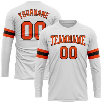 Custom Team Name and Number Long Sleeve Performance T-Shirt - Personalized White Orange Black Design Personalized White Orange-Black