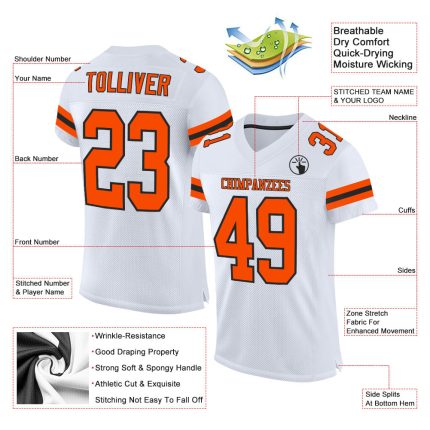 Custom Name and Number Mesh Football Jersey - Personalized White Orange-Black Authentic Team Jersey Personalized White Orange-Black