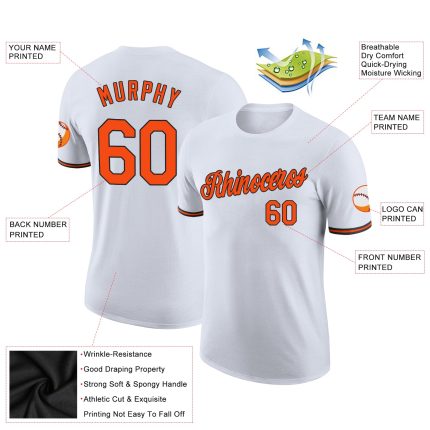 Custom white, orange and black performance t-shirt, back view