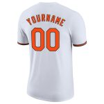 Custom white, orange and black performance t-shirt, close-up of the collar