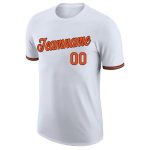 Custom white, orange and black performance t-shirt, flat lay