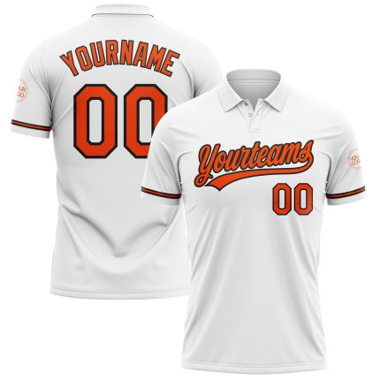 Custom Name and Number Performance Golf Polo Shirt - Personalized White and Orange-Black Team Apparel Personalized White