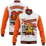 Custom Rock Music Festival Bomber Jacket with 3D Pattern, Personalized Name & Number - Varsity Full-Snap Design in White, Orange, Black