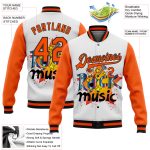 Custom Rock Music Festival Bomber Jacket with 3D Pattern, Personalized Name & Number - Varsity Full-Snap Design in White, Orange, Black