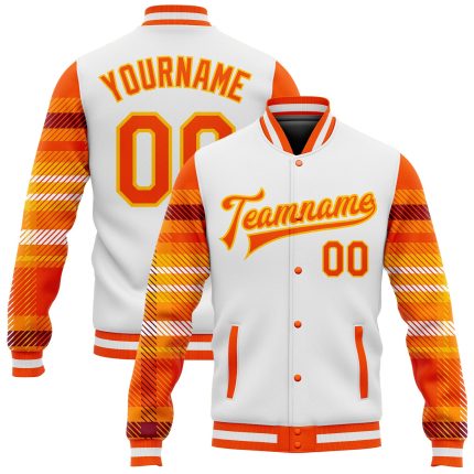 Custom 3D Pattern Checkered Varsity Bomber Jacket with Personalized Name and Number - Orange Gold Full-Snap Letterman Style