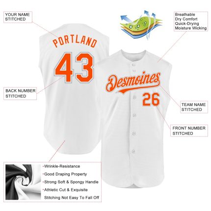 Personalized White and Gray Orange Authentic Sleeveless Baseball Jersey Personalized White Orange-Gray Authentic Sleeveless
