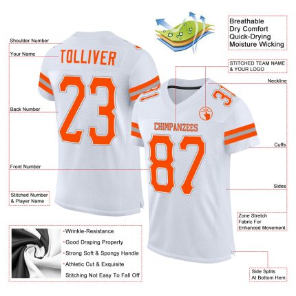 Custom Authentic Football Jersey with Personalized Name & Number - White Orange-Gray Mesh Design Personalized White Orange-Gray