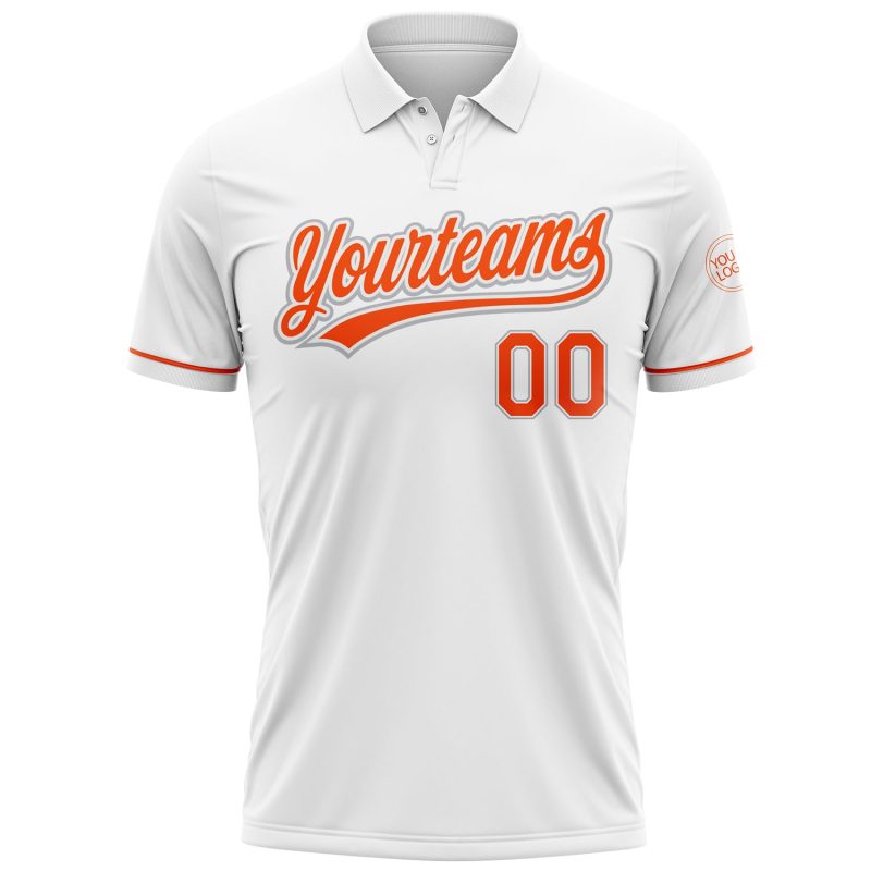 Custom Name and Number Golf Polo Shirt - Personalized Performance White Orange-Gray Design Personalized White Orange-Gray