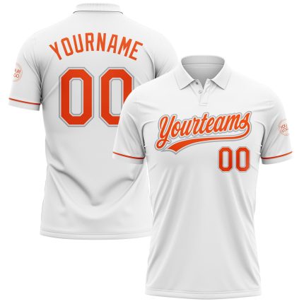 Custom Name and Number Golf Polo Shirt - Personalized Performance White Orange-Gray Design Personalized White Orange-Gray