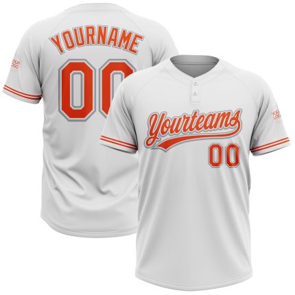 Personalized Unisex Softball Jersey - White Orange-Gray Two-Button Design Personalized White Orange-Gray Two-Button Unisex