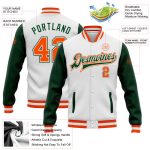 Custom Name Number Varsity Letterman Jacket White Orange Green Bomber Two Tone Stylish Full-Snap Design Personalized White