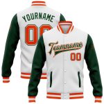 Custom Name Number Varsity Letterman Jacket White Orange Green Bomber Two Tone Stylish Full-Snap Design Personalized White