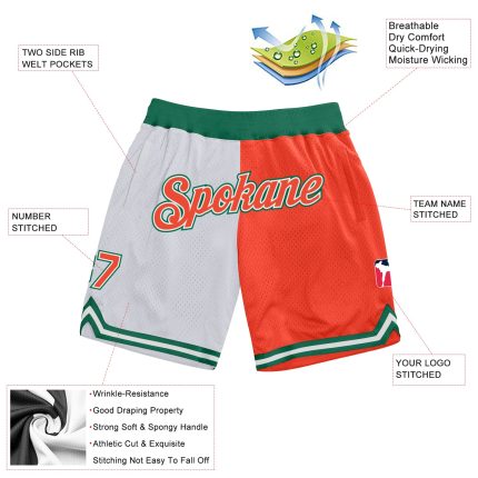 Custom Name Number Basketball Shorts in White Orange Kelly Green - Authentic Throwback Split Fashion Personalized White Orange-Kelly