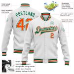 Custom Team Name Number Bomber Jacket White Orange Kelly Green Varsity Full-Snap Letterman Personalized White Orange-Kelly