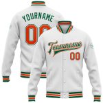 Custom Team Name Number Bomber Jacket White Orange Kelly Green Varsity Full-Snap Letterman Personalized White Orange-Kelly