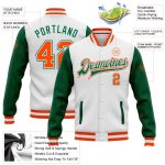 Custom Team Name Number Bomber Jacket White Orange Kelly Green Varsity Full-Snap Two Tone Design Personalized White Orange-Kelly