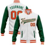 Custom Team Name Number Bomber Jacket White Orange Kelly Green Varsity Full-Snap Two Tone Design Personalized White Orange-Kelly