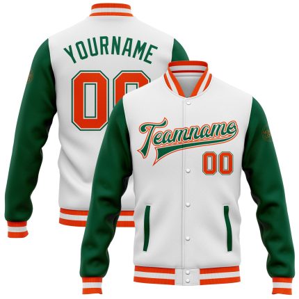 Custom Team Name Number Bomber Jacket White Orange Kelly Green Varsity Full-Snap Two Tone Design Personalized White Orange-Kelly