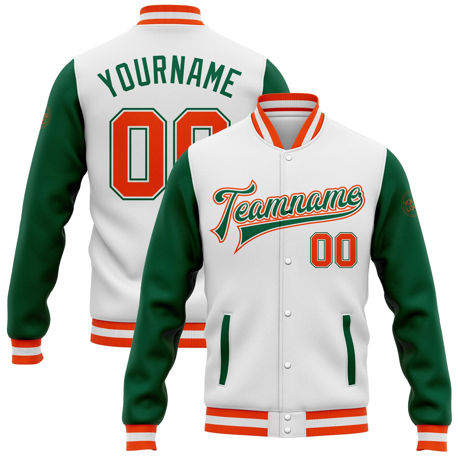 Custom Team Name Number Bomber Jacket White Orange Kelly Green Varsity Full-Snap Two Tone Design Personalized White Orange-Kelly