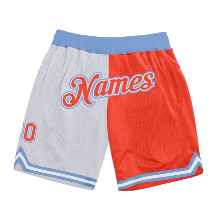 Custom Name and Number Authentic Basketball Shorts for Team in White and Light Blue, Personalized Throwback Split Design