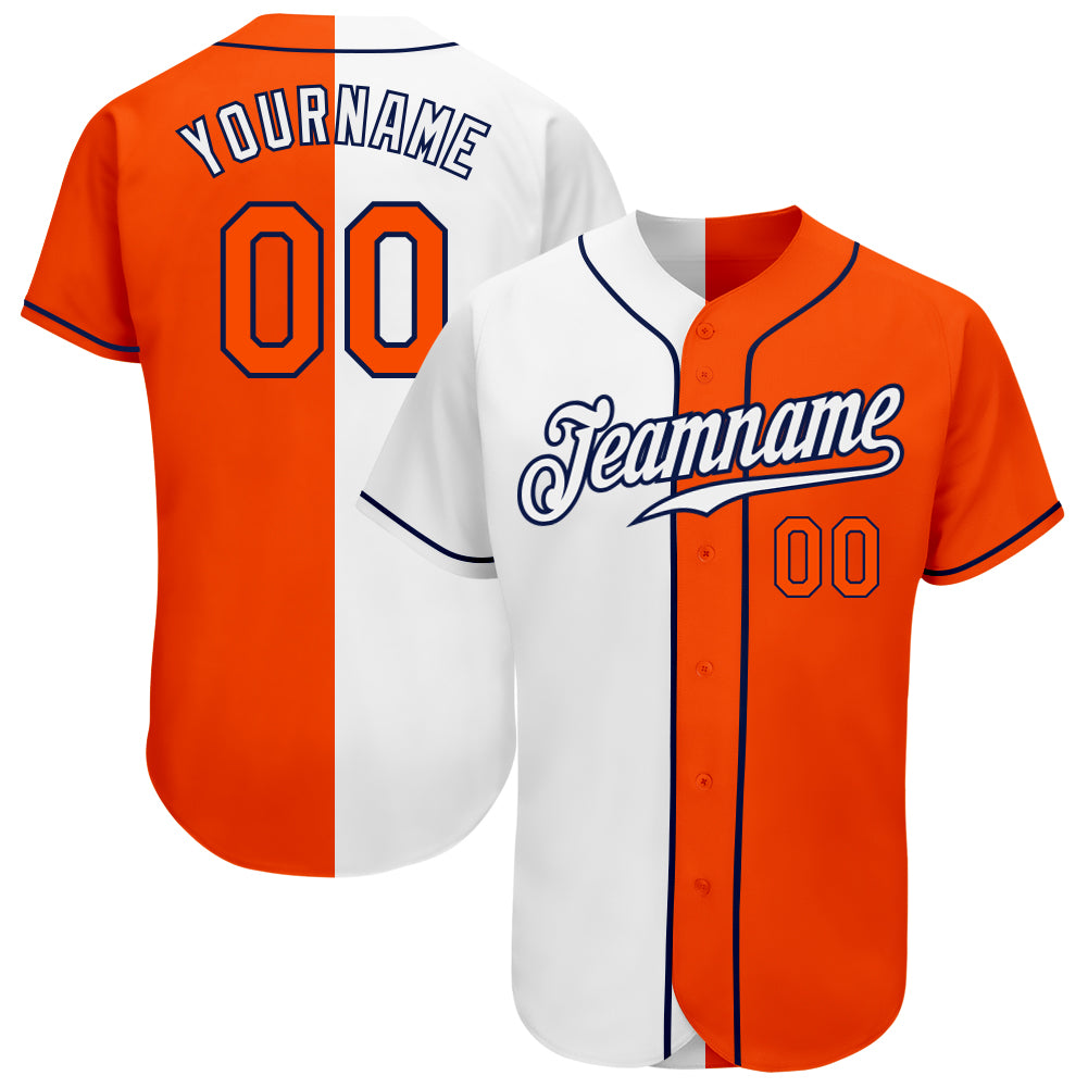 Custom Name and Number Personalized Orange-Navy Split Fashion Baseball Jersey - Authentic White Team Jersey Personalized