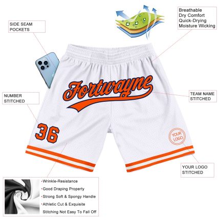 Custom Team Basketball Shorts - Personalized White Orange-Navy with Name and Number, Authentic Throwback Style Personalized