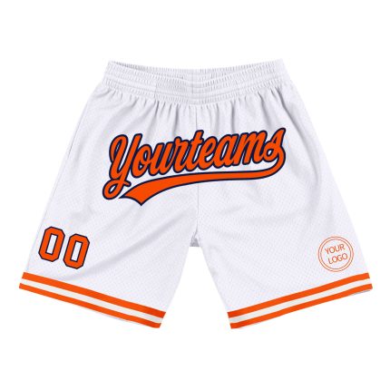 Custom Team Basketball Shorts - Personalized White Orange-Navy with Name and Number, Authentic Throwback Style Personalized