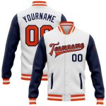 Custom Name and Number Personalized Two-Tone Varsity Bomber Jacket in White and Orange-Navy Full-Snap Style Personalized