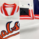 Custom Name and Number Personalized Two-Tone Varsity Bomber Jacket in White and Orange-Navy Full-Snap Style Personalized
