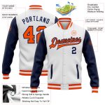 Custom Name and Number Personalized Two-Tone Varsity Bomber Jacket in White and Orange-Navy Full-Snap Style Personalized