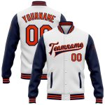 Personalized Varsity Letterman Two Tone Bomber Jacket White Orange Navy Full-Snap Personalized White Orange-Navy Bomber Full-Snap