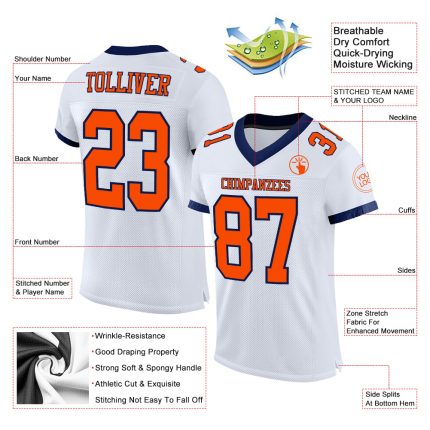 Custom Name Number Personalized Football Jersey - White Orange Navy Mesh Authentic Team Jersey Personalized White Orange-Navy