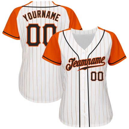 Custom Name & Number Baseball Jersey | Personalized Black-Orange Raglan with White & Orange Pinstripes Personalized White