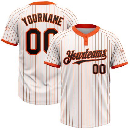 Custom Name & Number Unisex Softball Jersey - Personalized Black White Orange Pinstripe Two-Button Design Personalized White