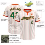 Custom Softball Jersey with Name and Number in Kelly Green and Orange Pinstripe, Two-Button Unisex Design Personalized White