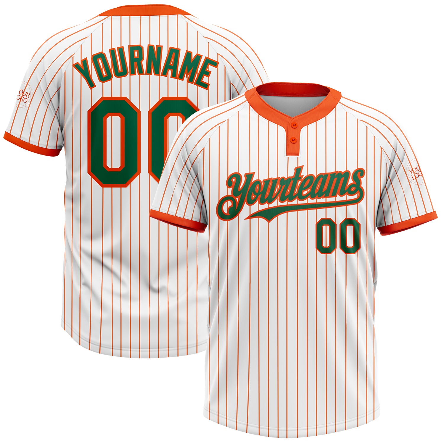 Custom Softball Jersey with Name and Number in Kelly Green and Orange Pinstripe, Two-Button Unisex Design Personalized White