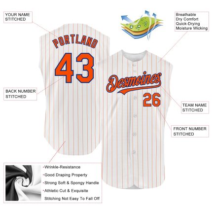 Custom Name Number Personalized Baseball Jersey - Authentic Navy White Orange Pinstripe Sleeveless Team Apparel Personalized
