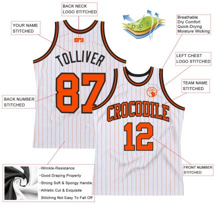 Personalized Orange Black Basketball Jersey with White Pinstripes - Authentic Sportswear Personalized White Orange Pinstripe