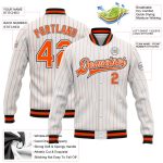 Custom Name Number Varsity Letterman Jacket Orange-Black Bomber with White Orange Pinstripes - Full-Snap Style Personalized
