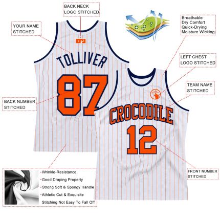 Personalized Authentic Basketball Jersey - White Orange Pinstripe, Orange-Navy Personalized White Orange Pinstripe Orange-Navy